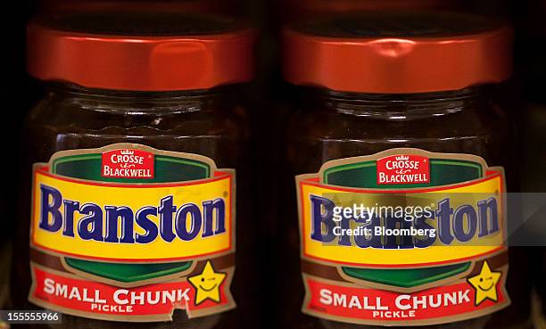 Jars of Branston Pickle, produced by Premier Foods Plc, are displayed for sale at a supermarket in London, U.K., on Monday, Nov. 5, 2012. Premier...