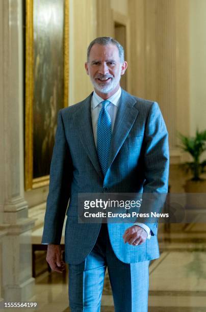 King Felipe VI on his arrival during his reception of the participants of the XXVIII edition of the 'Becas Europa' program of the Francisco de...