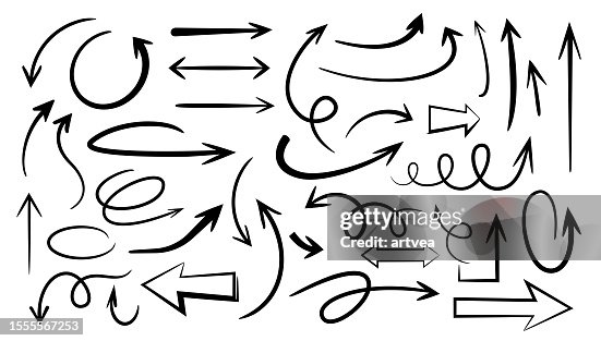 Set vector illustration of hand drawn and curved arrows. Set vector illustration of hand drawn and curved arrows.