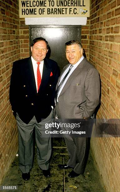 Barnet Manager Barry Fry and Chairman Stan Flashman stand in the tunnel before a match against Cheltenham at the Underhill Stadium in Barnet,...