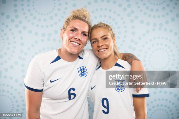 Millie Bright and Rachel Daly of England pose during the official FIFA Women's World Cup Australia & New Zealand 2023 portrait session on July 18,...