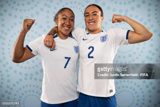 Lauren James and Lucy Bronze of England pose during the official FIFA Women's World Cup Australia & New Zealand 2023 portrait session on July 18,...