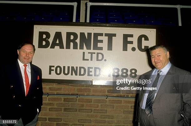 Barnet Manager Barry Fry and Chairman Stan Flashman pose for a photograph before a match against Cheltenham at the Underhill Stadium in Barnet,...