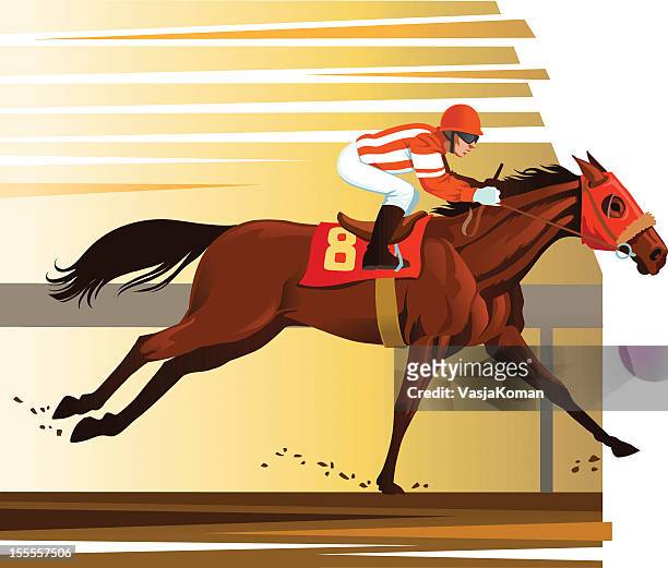 illustrazioni stock, clip art, cartoni animati e icone di tendenza di cavallo di razza vincere la gara - jockey