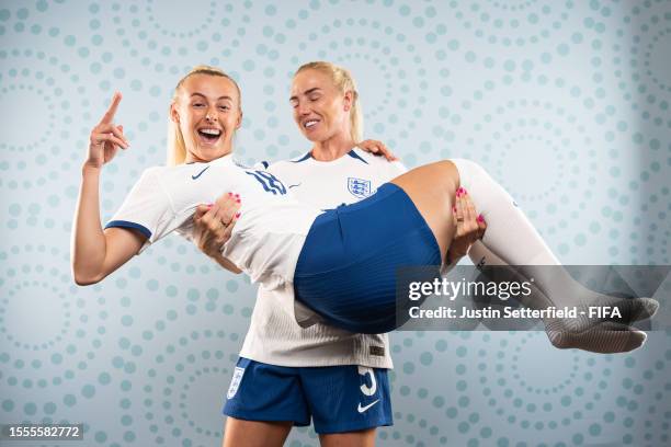 Chloe Kelly and Alex Greenwood of England pose during the official FIFA Women's World Cup Australia & New Zealand 2023 portrait session on July 18,...