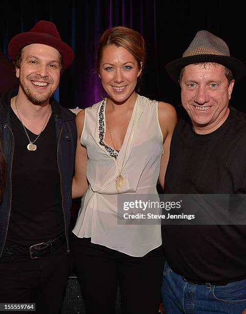 Gavin DeGraw, Colbie Caillat and Tim Bucher pose at the GRAMMY Foundation house concert at the Trattore Winery private residence on November 4, 2012...