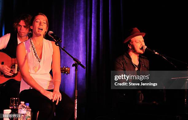 Colbie Caillat and Gavin DeGraw perform at the GRAMMY Foundation house concert at the Trattore Winery private residence on November 4, 2012 in...