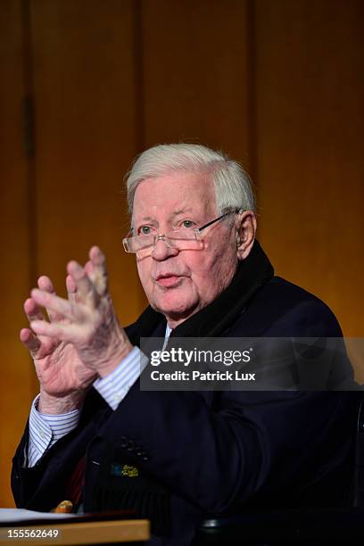 Former German Chancellor Helmut Schmidt speaks at a ceremony at the Kirchdorf/Wilhelmsburg Gymnasium high school on the day the school officially...