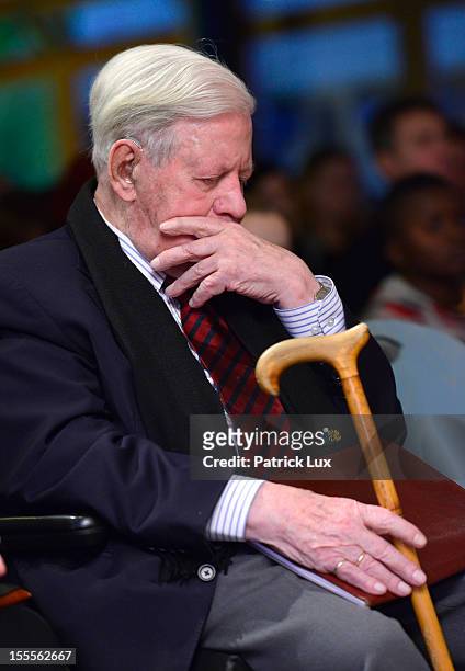 Former German Chancellor Helmut Schmidt attends a ceremony at the Kirchdorf/Wilhelmsburg Gymnasium high school on the day the school officially...