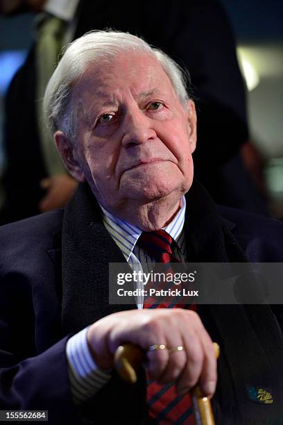 Former German Chancellor Helmut Schmidt attends a ceremony at the Kirchdorf/Wilhelmsburg Gymnasium high school on the day the school officially...