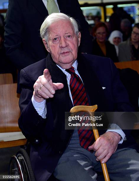 Former German Chancellor Helmut Schmidt attends a ceremony at the Kirchdorf/Wilhelmsburg Gymnasium high school on the day the school officially...