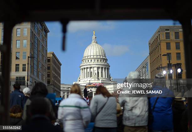 President Barack Obama speaks during a campaign rally in front of the Capitol building in Madison, Wisconsin, on November 5, 2012. After a grueling...