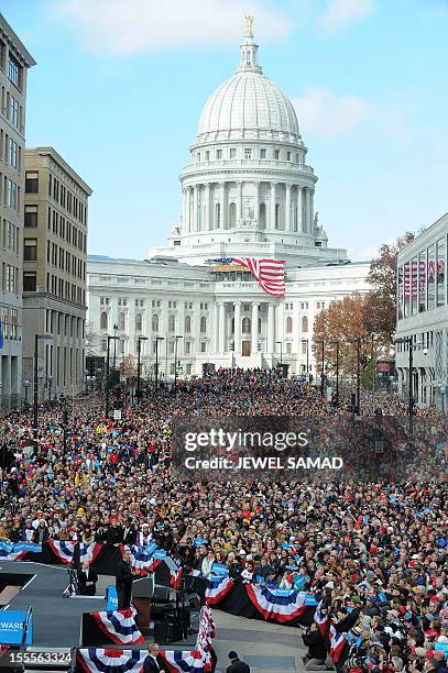 President Barack Obama speaks during a campaign rally near the Capitol building in Madison, Wisconsin, on November 5, 2012. After a grueling 18-month...