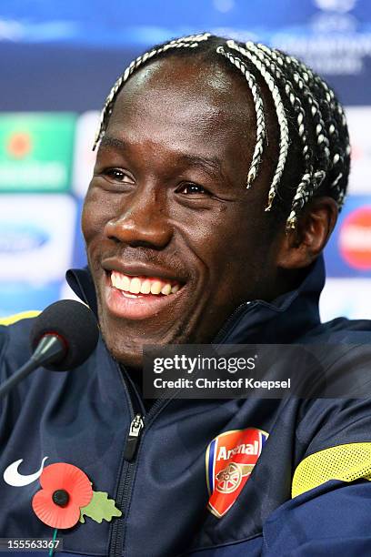 Bacary Sagna attends the press conference of Arsenal FC at the Veltins-Arena ahead of the UEFA Champions League group B match between FC Schalke 04...