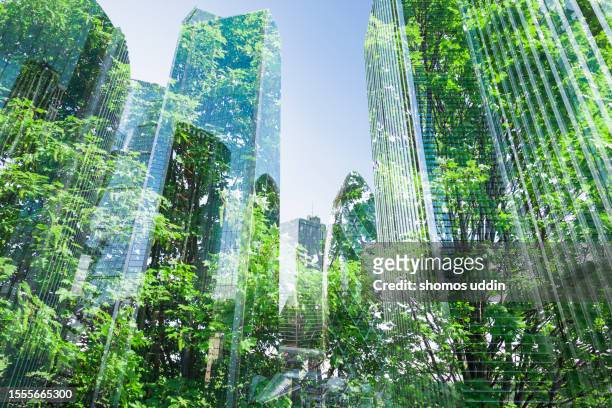 green city concept - multi layered cityscape - banker doppelbelichtung stock-fotos und bilder