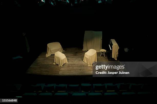 The stage of the Teatro Guindalera waits for the audience, and actors to play, before the start of the 'Tres Anos' theater show, a show that plays in...