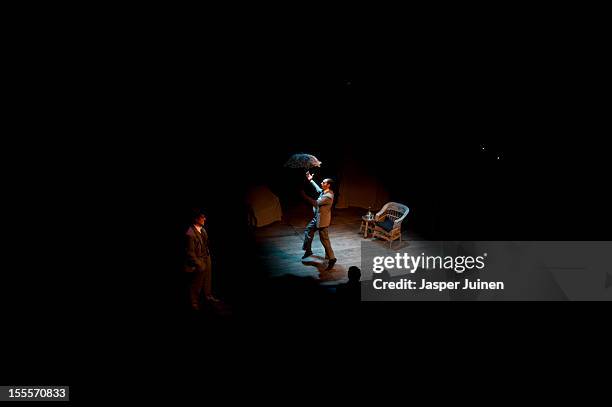 Actors Raul Fernandez and Jose Bustos play during the 'Tres Anos' theater show, a show that plays in the 1930's between the first and Second World...