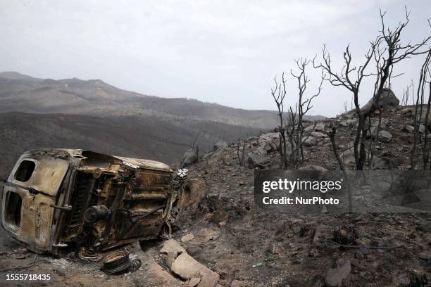 General view on burned houses in the village of de Oeud Das in Bejaia east of Algiers, Algeria, 25 July 2023. The Algerian Ministry of the Interior...