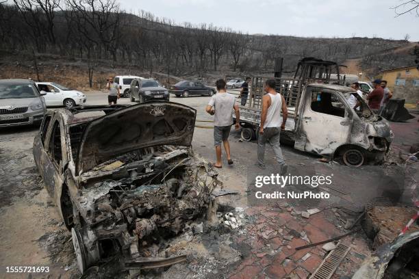 General view on burned houses in the village of de Oeud Das in Bejaia east of Algiers, Algeria, 25 July 2023. The Algerian Ministry of the Interior...