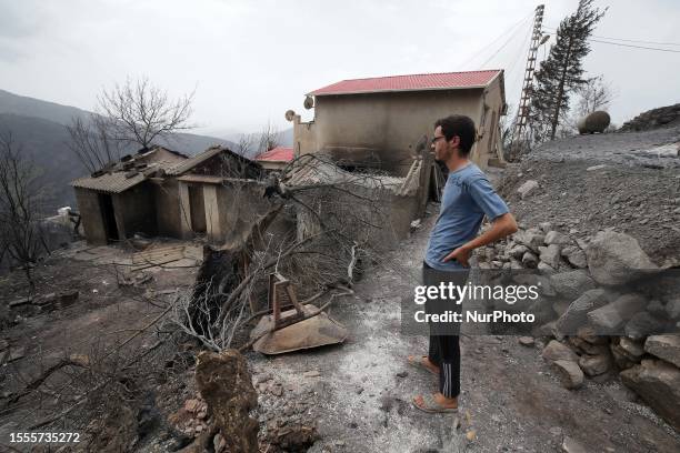 General view on burned houses in the village of de Oeud Das in Bejaia east of Algiers, Algeria, 25 July 2023. The Algerian Ministry of the Interior...