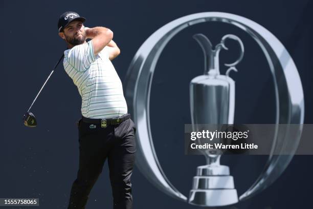 Adri Arnaus of Spain tees off on the 1st hole during a practice round prior to The 151st Open at Royal Liverpool Golf Club on July 19, 2023 in...