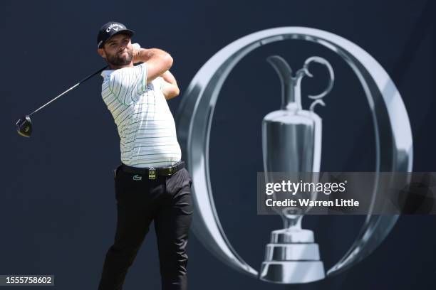 Adri Arnaus of Spain tees off on the 1st hole during a practice round prior to The 151st Open at Royal Liverpool Golf Club on July 19, 2023 in...