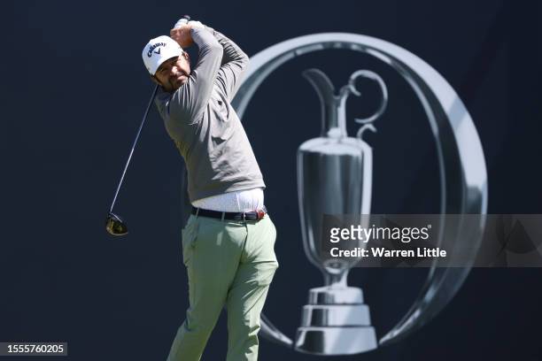 Jorge Campillo of Spain tees off on the 1st hole during a practice round prior to The 151st Open at Royal Liverpool Golf Club on July 19, 2023 in...