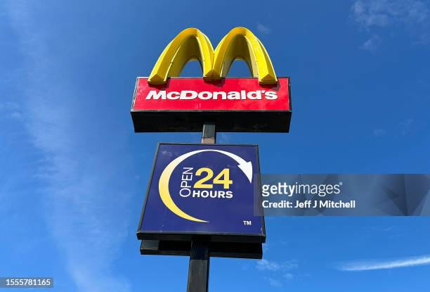 General view of a McDonalds sign on July 19, 2023 in Edinburgh, Scotland. Former and current McDonald's workers have come forward to allege they...