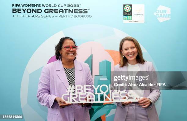 Cathy Freeman OAM, Olympic Champion with Jane Fernandez, COO FIFA Women's World Cup during the Beyond Greatness Speaker Series on July 26, 2023 in...