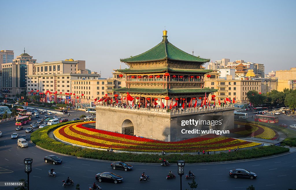 Chinese ancient bell-tower in sunset light