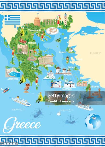 cartoon map of greece - lesbos beach stock illustrations