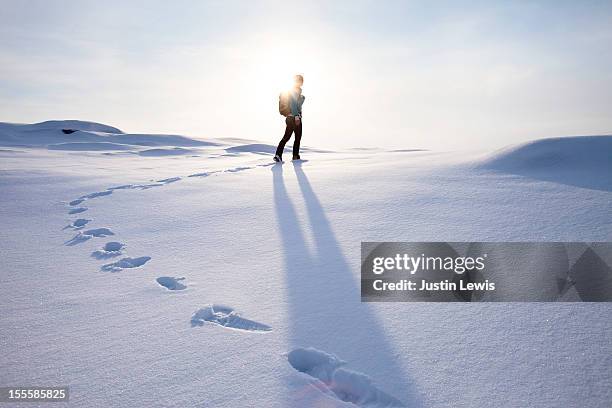 girl walking on fresh snow with foot steps and sun - fußabdruck stock-fotos und bilder