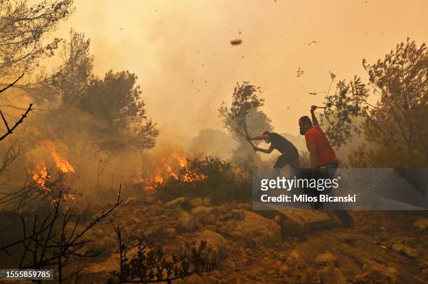 Locals help firefighters as they try to extinguish a wildfire burning near the village Vlyhada near Athens on July 19, 2023 in Athens, Greece....