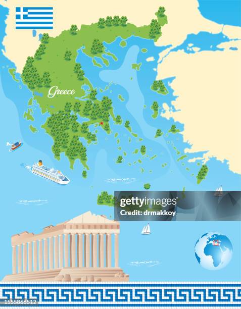 greece map and parthenon - santorini 幅�插畫檔、美工圖案、卡通及圖標