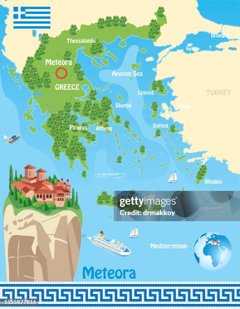 greece map and meteora - aegean sea stock illustrations