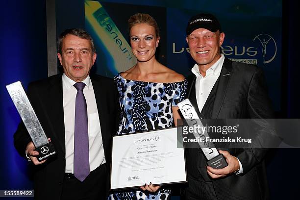 Wolfgang Niersbach, Maria Hoefl-Riesch and Axel Schulz attend the Laureus Media Award 2012 on November 05, 2012 in Kitzbuehel, Austria.