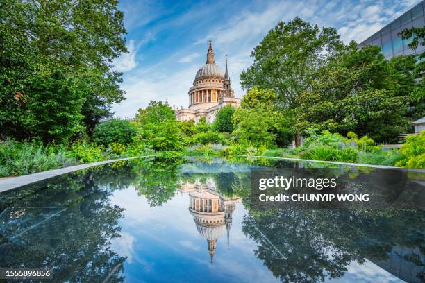 reflection of st paul's cathedral in the pond in london, uk - garden pond stockfoto's en -beelden