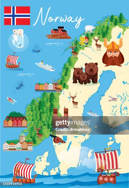 cartoon map of norway - tromso reindeer stock illustrations