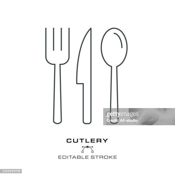 besteck - single cooking icon - bearbeitbarer strich. - tafelbesteck stock-grafiken, -clipart, -cartoons und -symbole