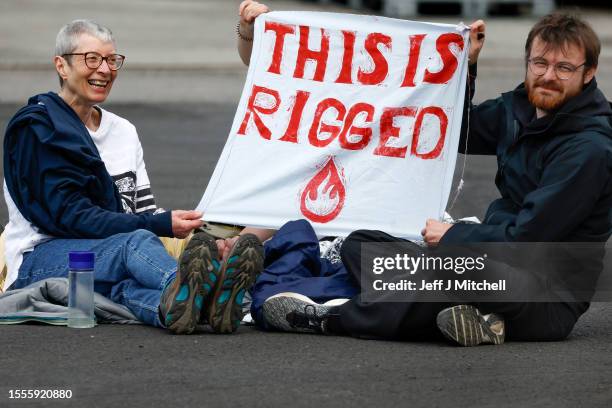 Climate protestors demonstrating inside Grangemouth INEOS oil refinery on July 19, 2023 in Grangemouth, Scotland. Scotland's biggest protest camp in...