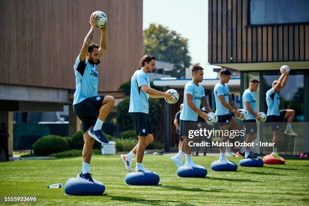 Hakan Calhanoglu of FC Internazionale in action during the FC Internazionale training session at the club's training ground Suning Training Center at...