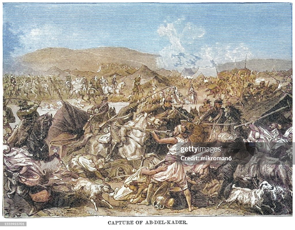 Old engraved illustration of capture of the Smala of Abd El-Kader (16 May 1843) - Battle of the Smala, part of the French conquest of Algeria