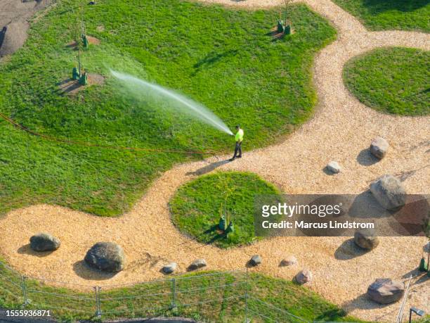 man watering the lawn in a park - turku bildbanksfoton och bilder