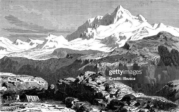 antique engraved image of mount everest - nepal stock illustrations