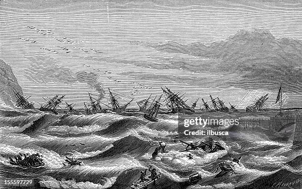 antique engraved image of sea tempest with ships - hurricane storm stock illustrations