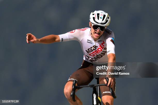 Felix Gall of Austria and Ag2R Citroën Team celebrates at finish line as stage winner during the stage seventeen of the 110th Tour de France 2023 a...