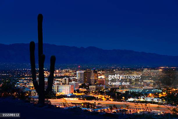 tucson arizona at night framed by saguaro cactus and mountains - arizona stockfoto's en -beelden