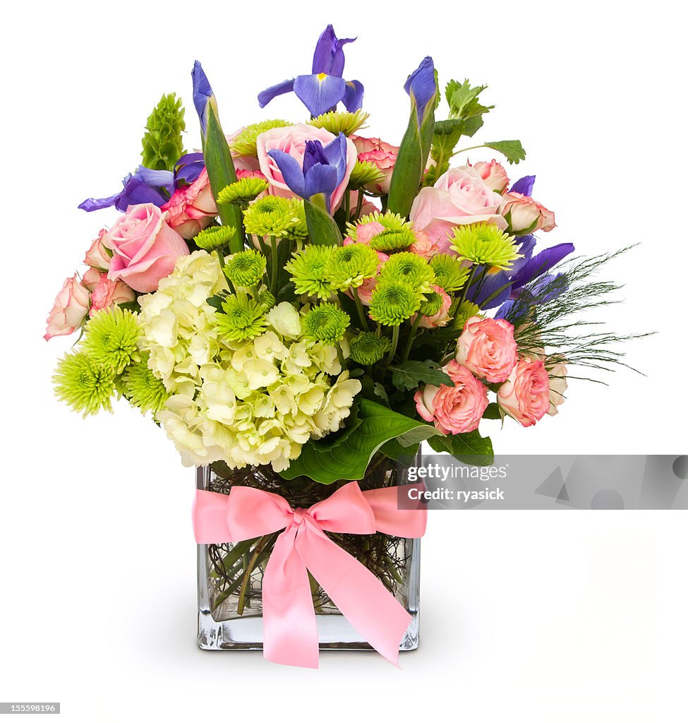 Colorful Floral Bouquet in Glass Vase with Pink Ribbon Isolated