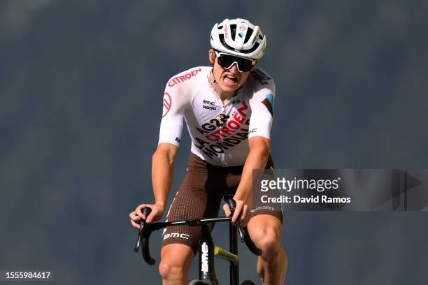 Felix Gall of Austria and Ag2R Citroën Team celebrates at finish line as stage winner during the stage seventeen of the 110th Tour de France 2023 a...