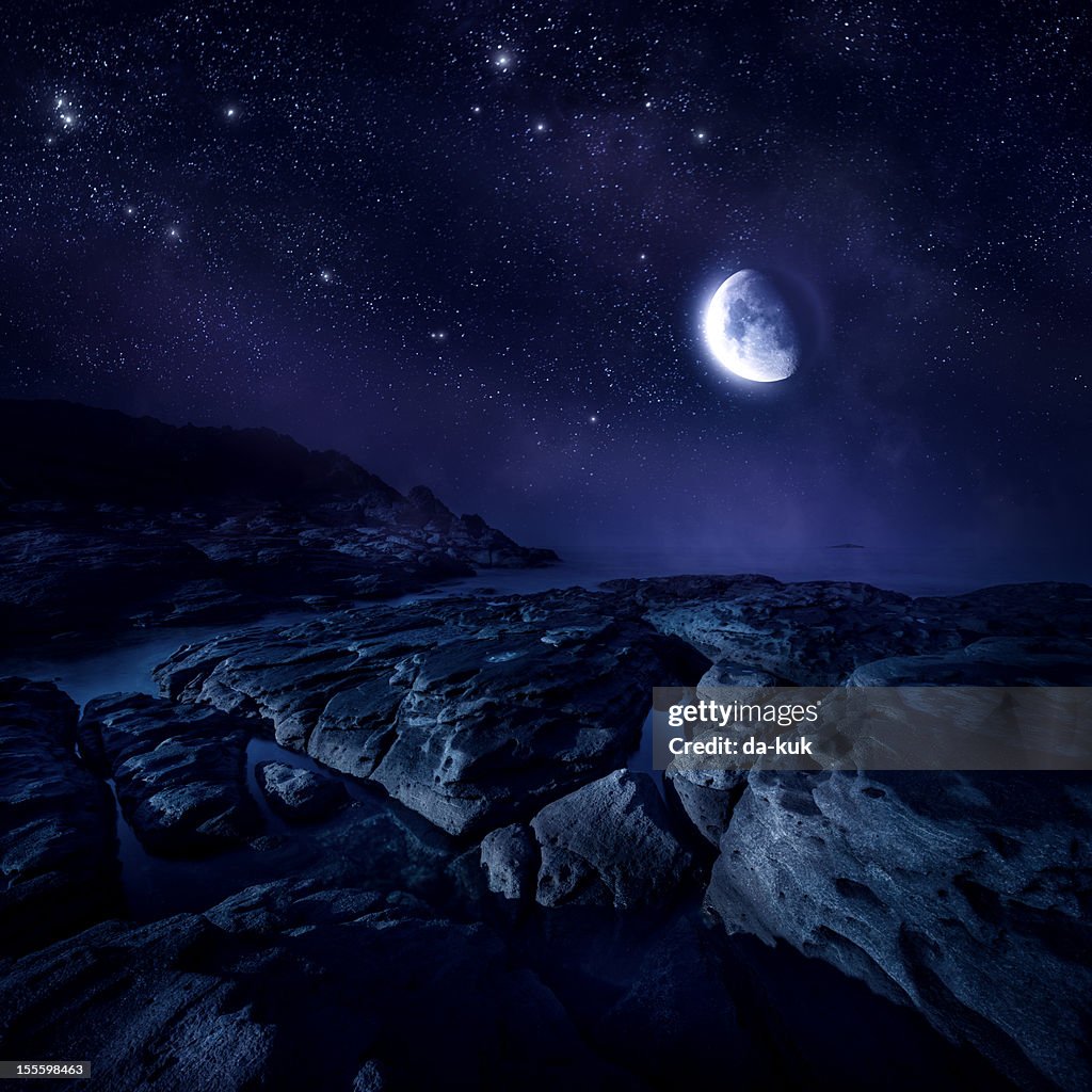 Night shot of sea and rocks